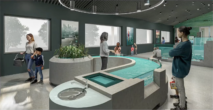 The estuarium will feature a touch tank with filtered water as a safety protocol. On the left is a handwashing station. Credit: Hudson River Park Trust